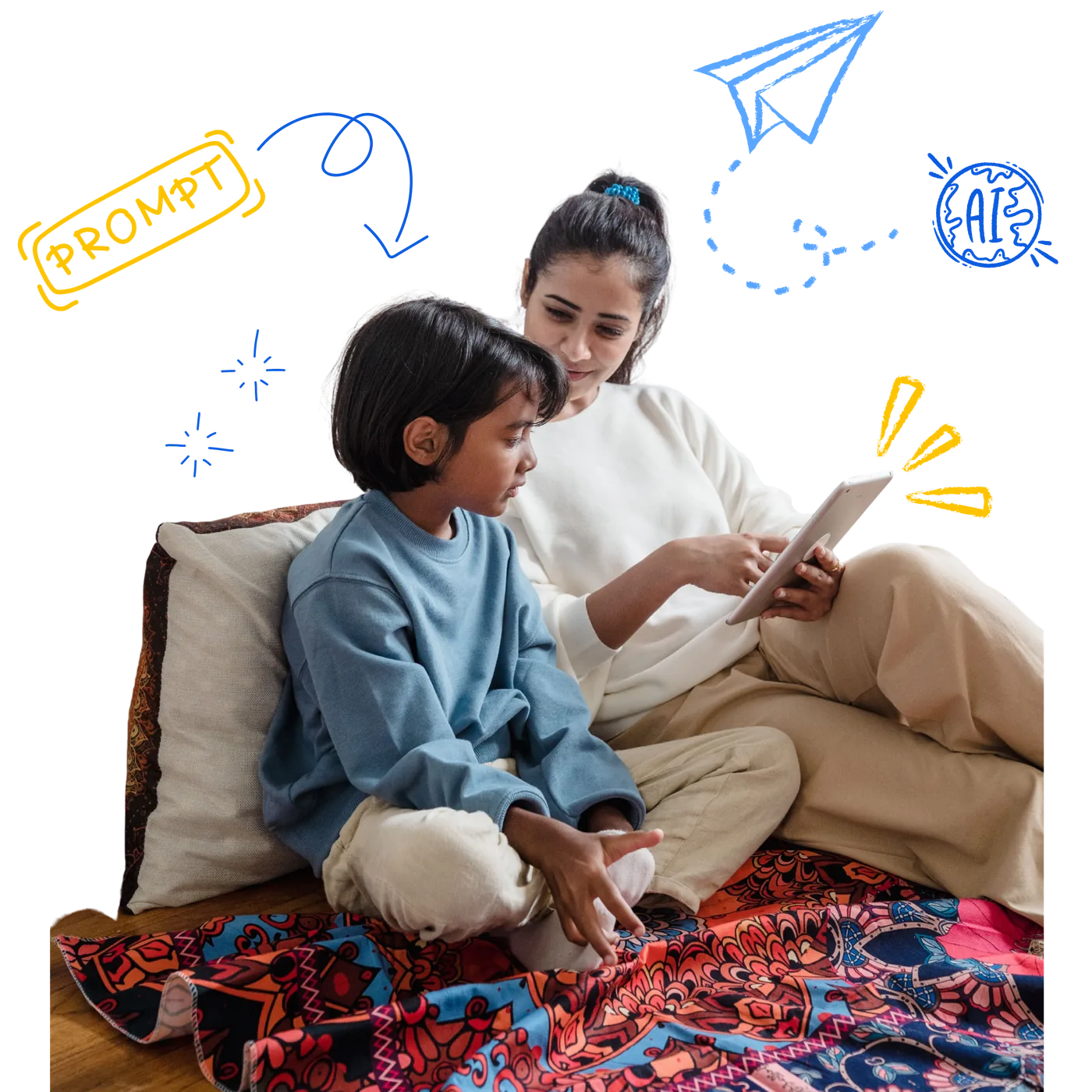 A mother and child using a tablet together at home
