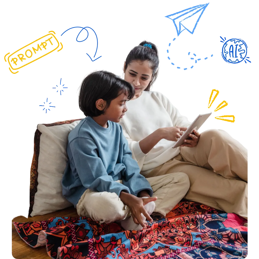 A mother and child using a tablet together at home